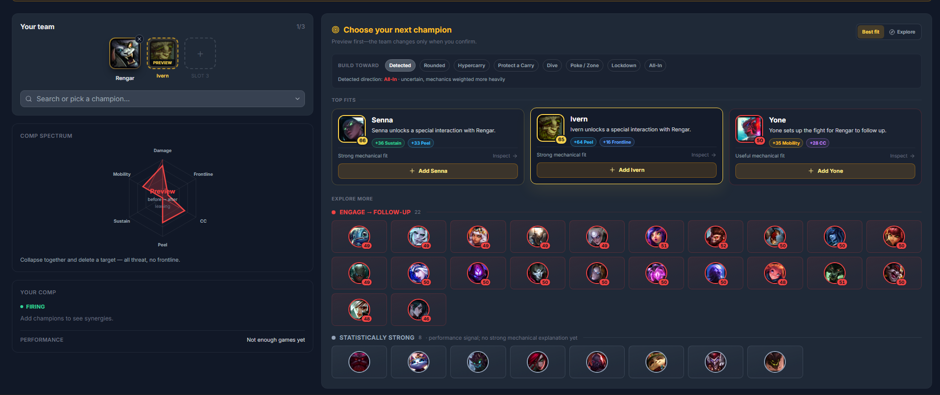 Arena Team Builder showing mechanical team-fit recommendations and composition analysis